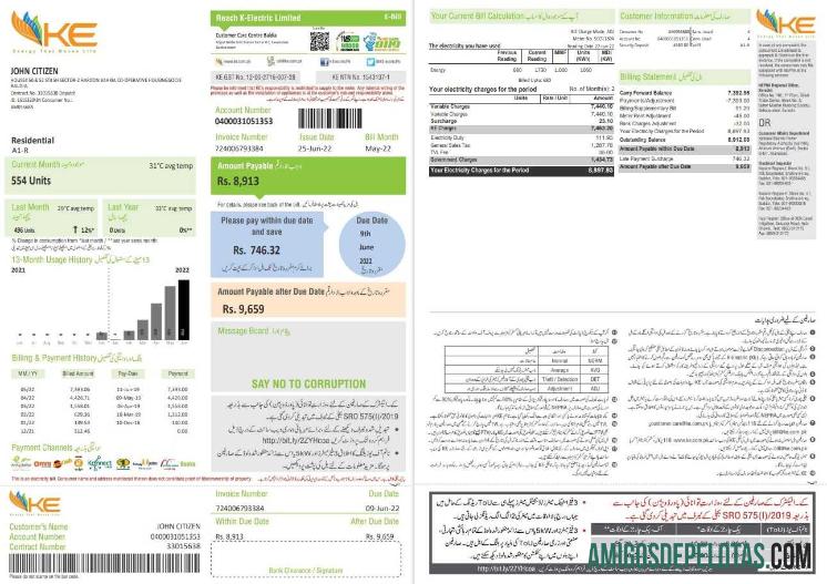 imprimível Modelo de conta de eletricidade do Paquistão KE em formato Word e PDF, 2 páginas